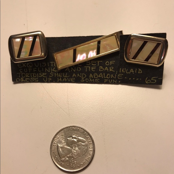 3 Piece Set Cuff Links & Tie Bar Tortoise Abalone Inlaid Shell Retro Vintage - Picture 6 of 6